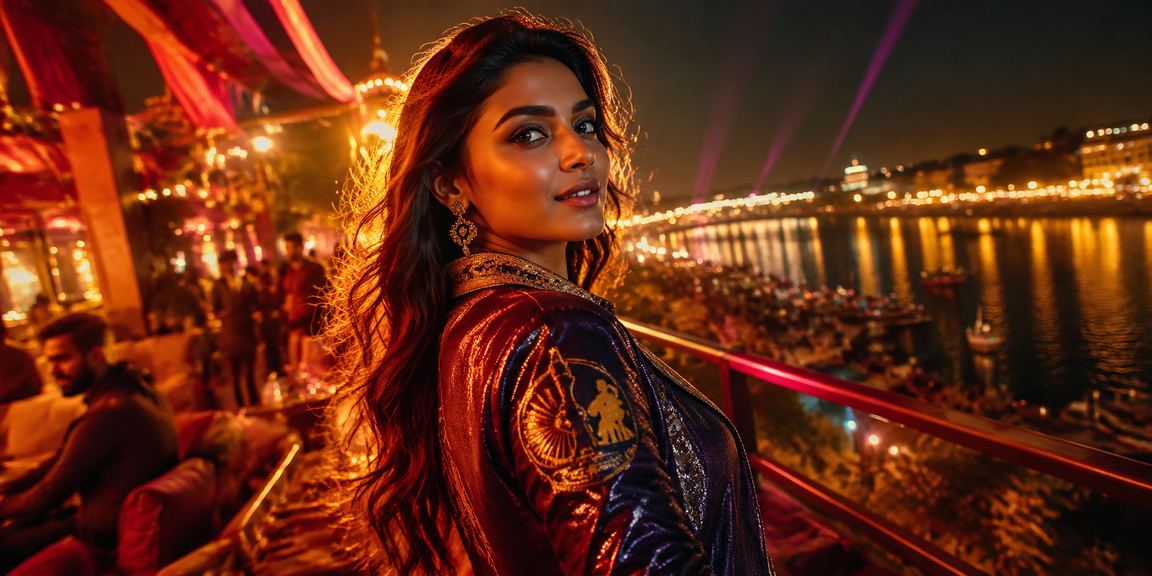 Young Indian woman enjoying slots gaming on a mobile device near Ahmedabad riverfront