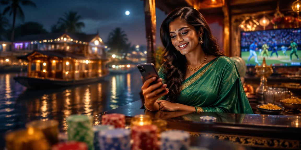 Indian woman placing Andar Bahar bets on mobile near Kerala backwaters